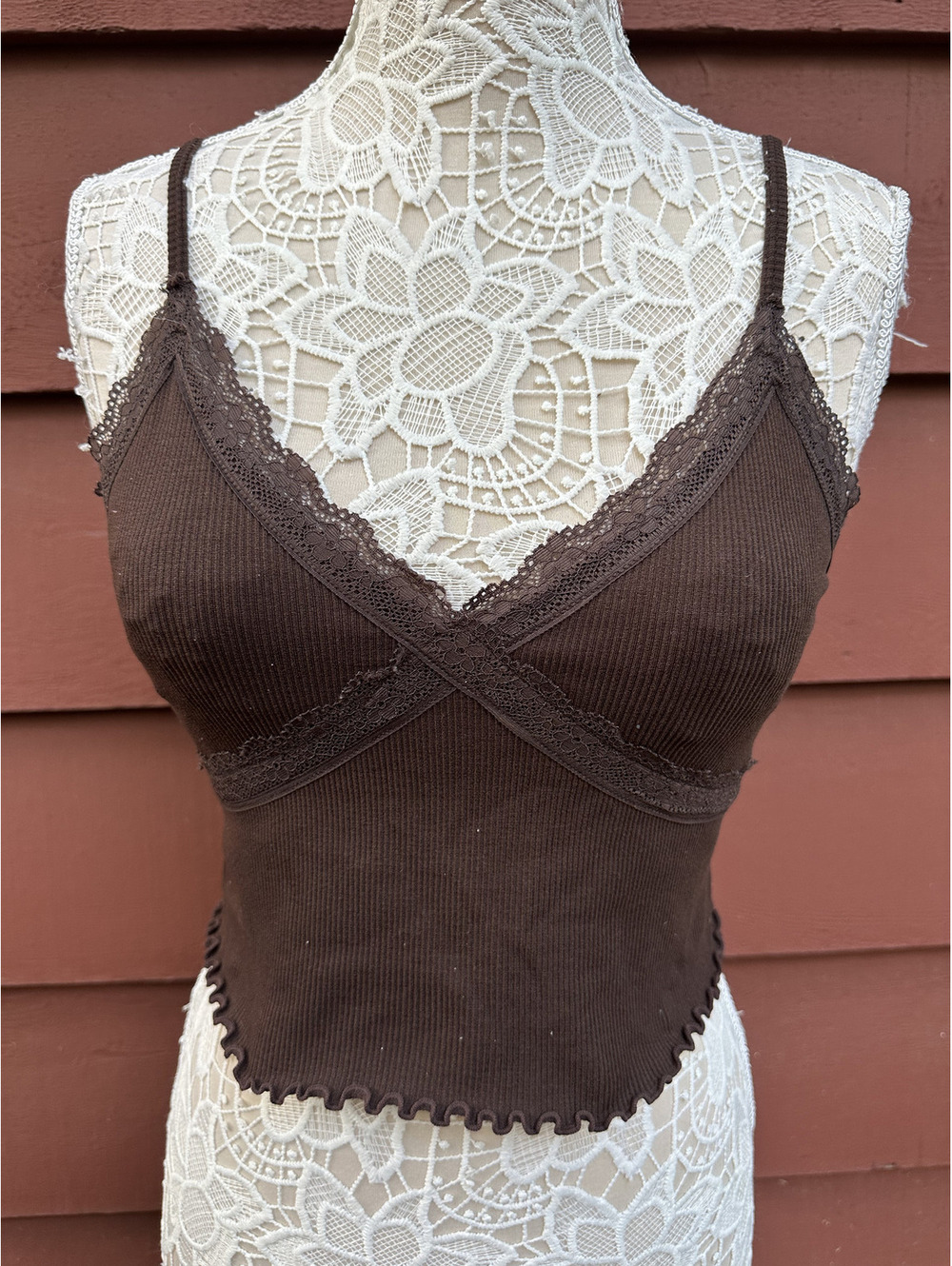 Contour by PacSun Brown Ribbed Lace Trim Cami Top